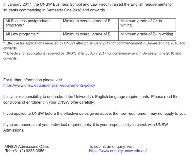 【通知】UNSW商&法学院提高UEEC申请入学英语要求