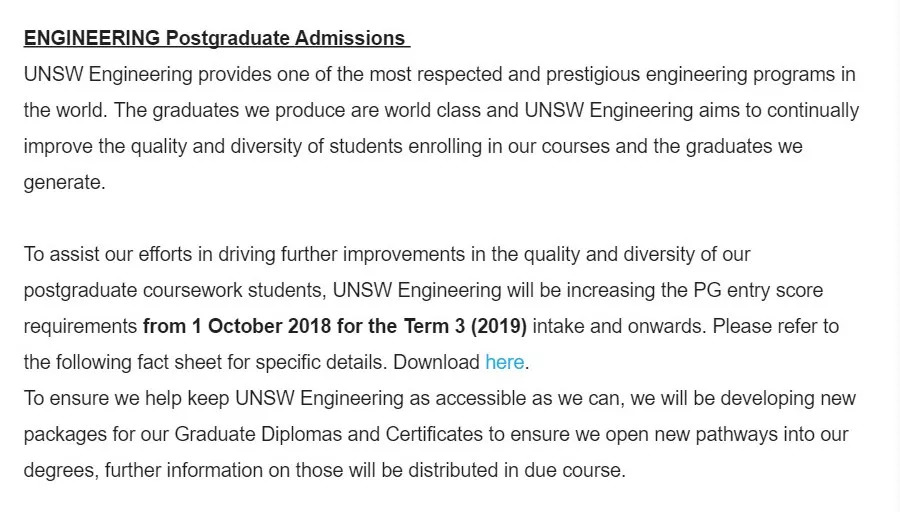 UNSW新南威尔士大学工程学院10月1日起录取均分要求上涨