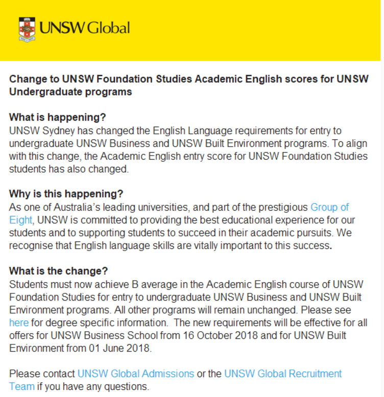 【通知】UNSW预科建筑环境&商学院升学语言要求改为B