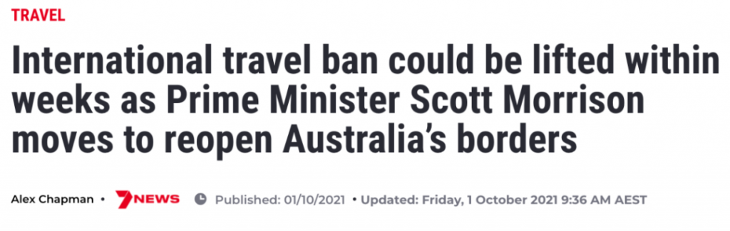 刚刚宣布！澳国际旅行禁令下月取消！新州维州将率先开放