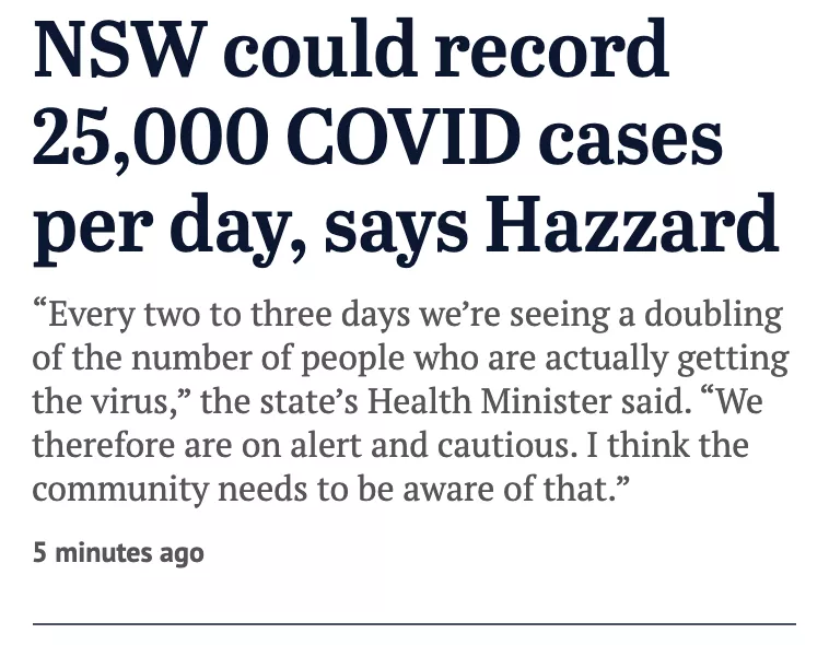 澳洲边境开了，但疫情卷土重来。新州预计日增2.5万例，新变体极速扩散，两三天就翻一倍！